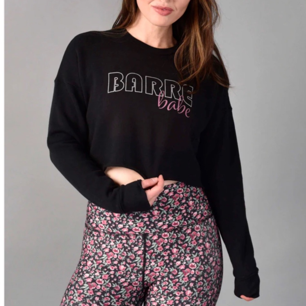 Barre Black Cropped Sweatshirt with Pink Logo